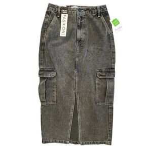 Love Fire Women's Black Acid Denim Cargo Front Slit Skirt Junior Size 5 NWT